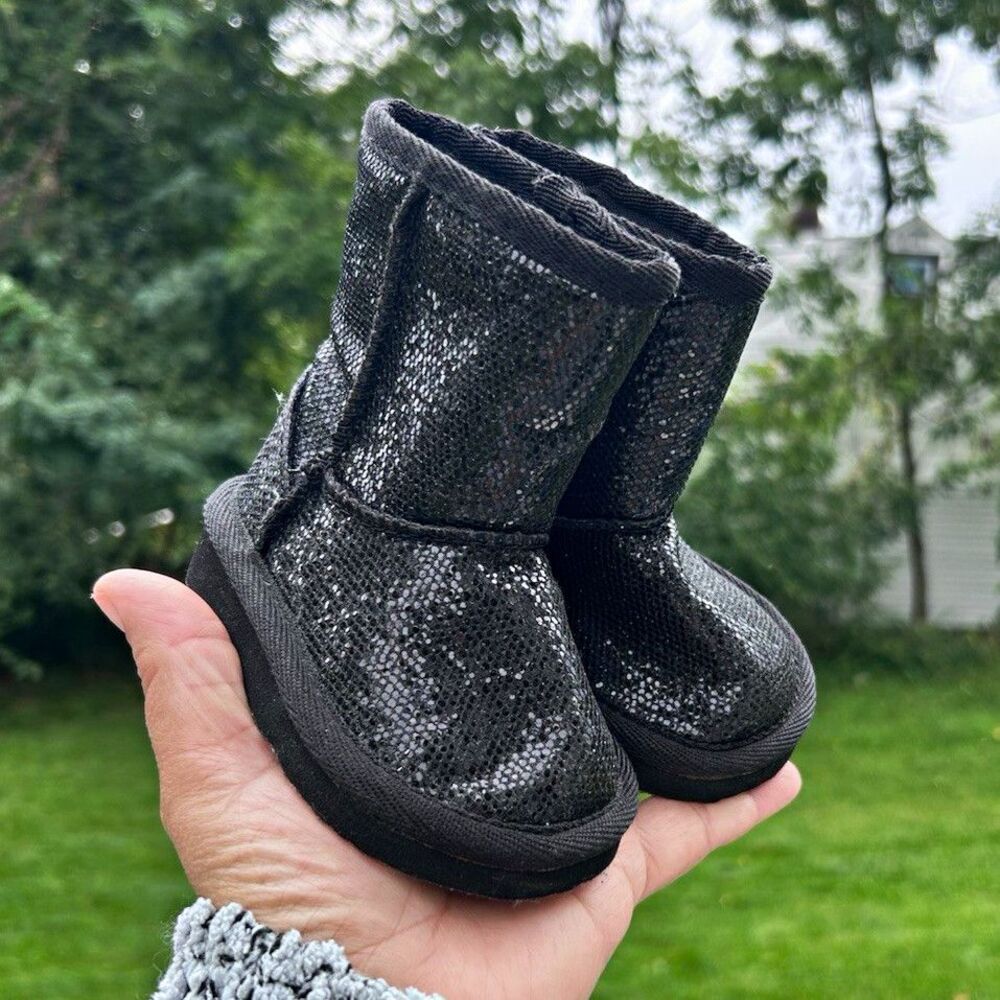 Black Sparkle Toddler Girls Boots Size 3 Faux Fur Winter Shoes